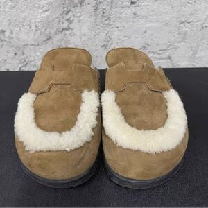 Hermes Tan Suede Slippers with Cream Accents